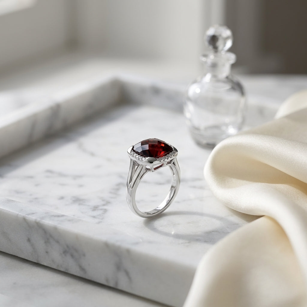 Garnet And Diamond Cushion Bezel Split Shank Ring In 14k White Gold — atelier still life