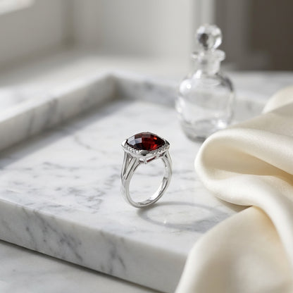 Garnet And Diamond Cushion Bezel Split Shank Ring In 14k White Gold — atelier still life