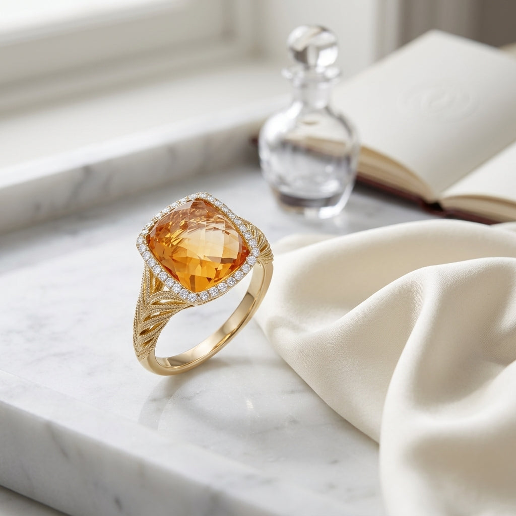 Citrine And Diamond Cushion Bezel Ring In 14k White Gold — atelier still life