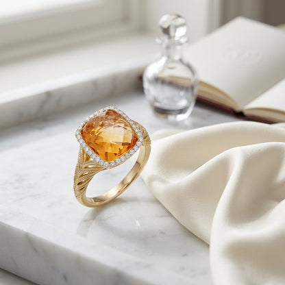 Citrine And Diamond Cushion Bezel Ring In 14k White Gold — atelier still life