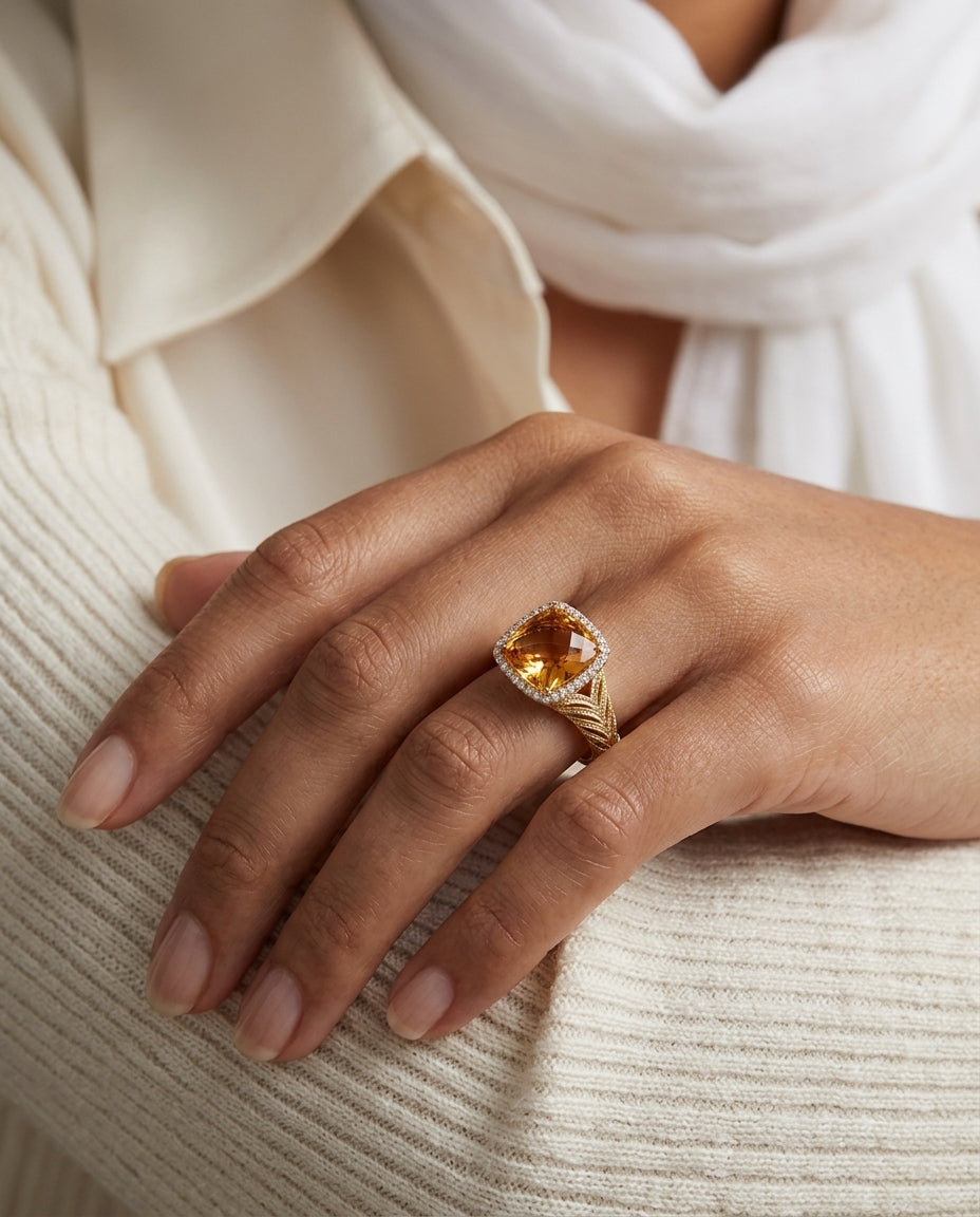 Citrine And Diamond Cushion Bezel Ring In 14k White Gold — editorial close-up
