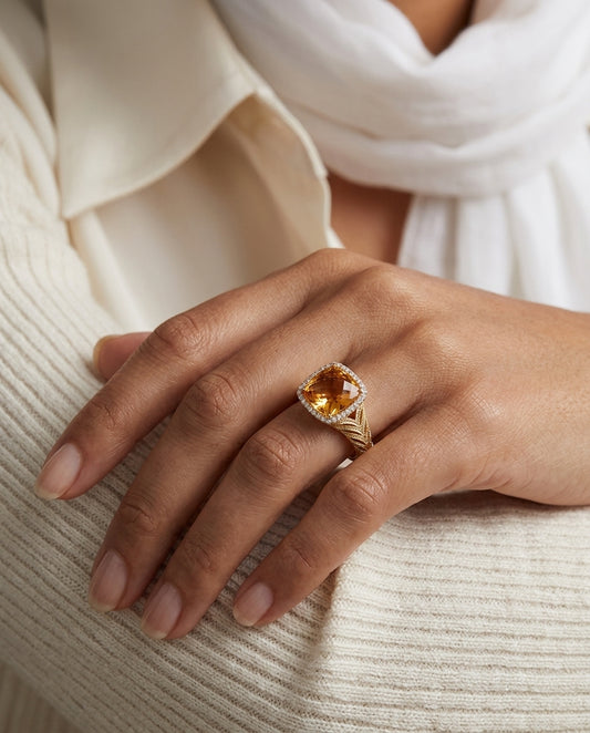 Citrine And Diamond Cushion Bezel Ring In 14k White Gold — editorial close-up
