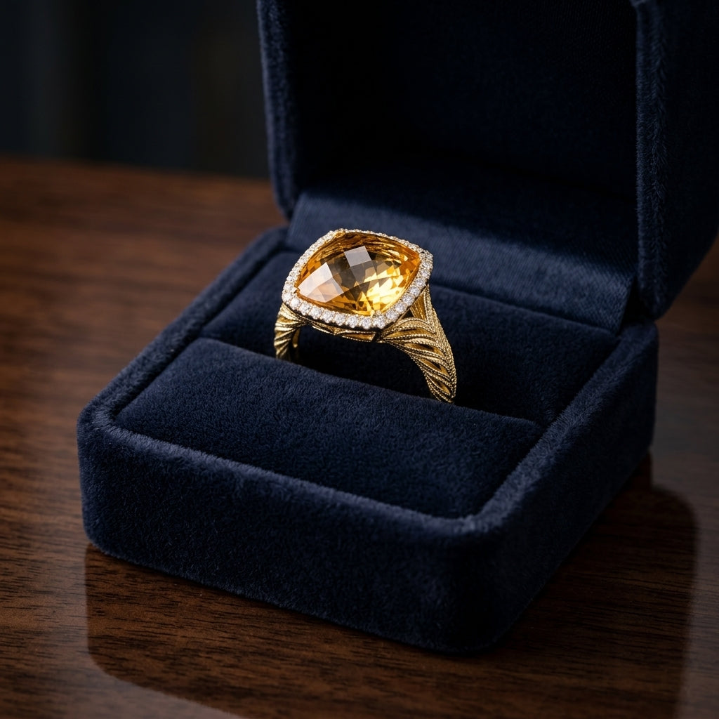 Citrine And Diamond Cushion Bezel Ring In 14k White Gold — gift presentation