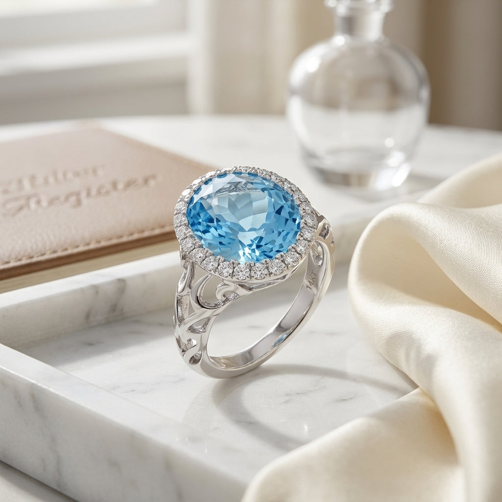 Swiss Blue Topaz Oval And Diamond Ring In 14k White Gold — atelier still life