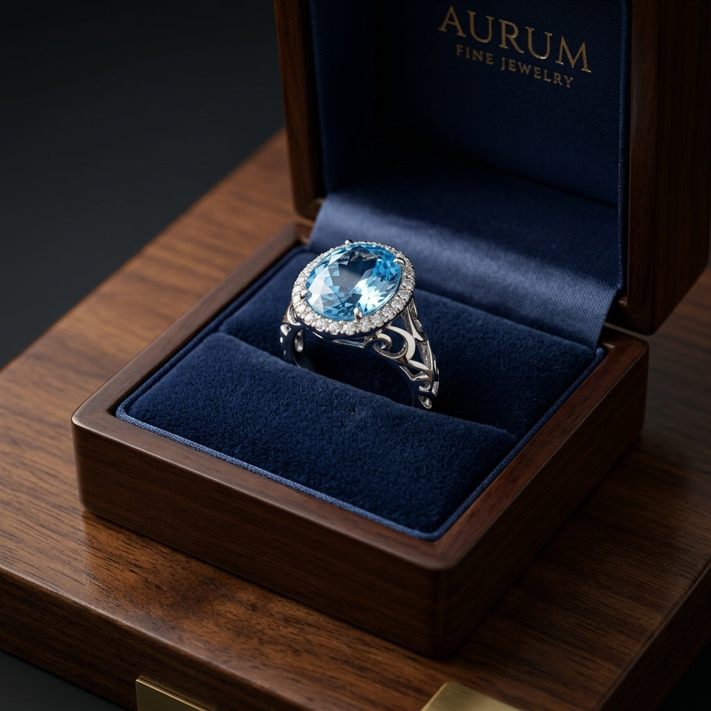 Swiss Blue Topaz Oval And Diamond Ring In 14k White Gold — gift presentation
