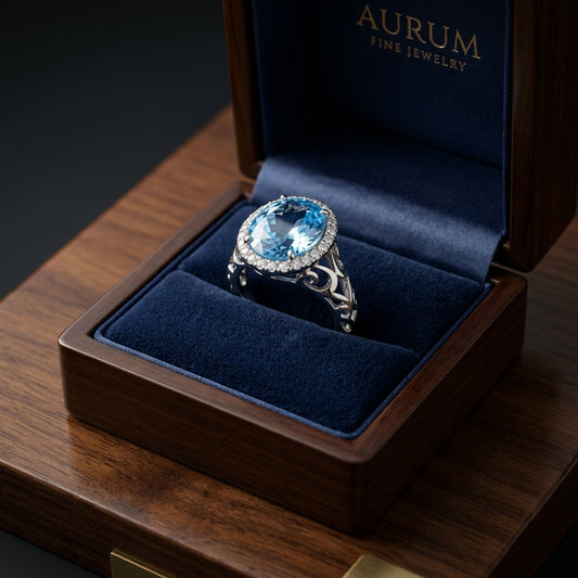 Swiss Blue Topaz Oval And Diamond Ring In 14k White Gold — gift presentation