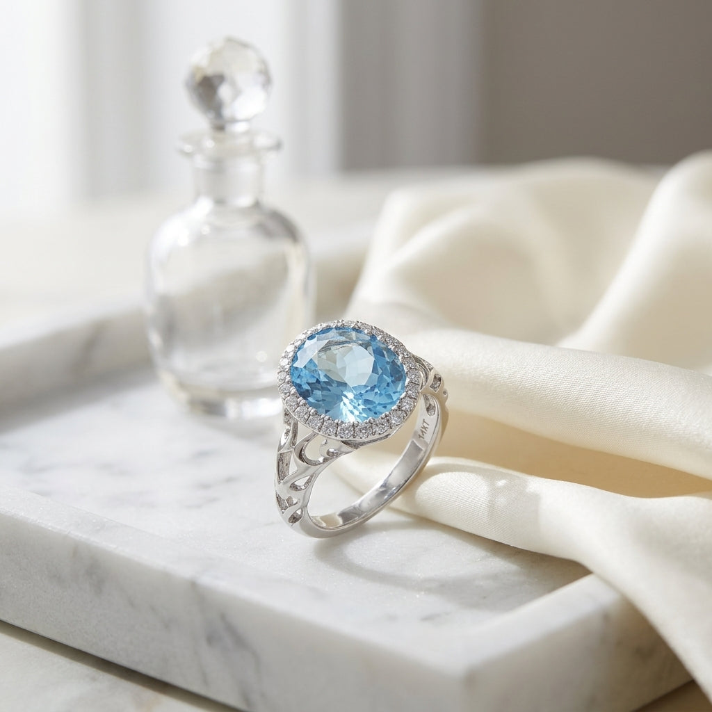Swiss Blue Topaz Oval And Diamond Ring In 14k White Gold — atelier still life