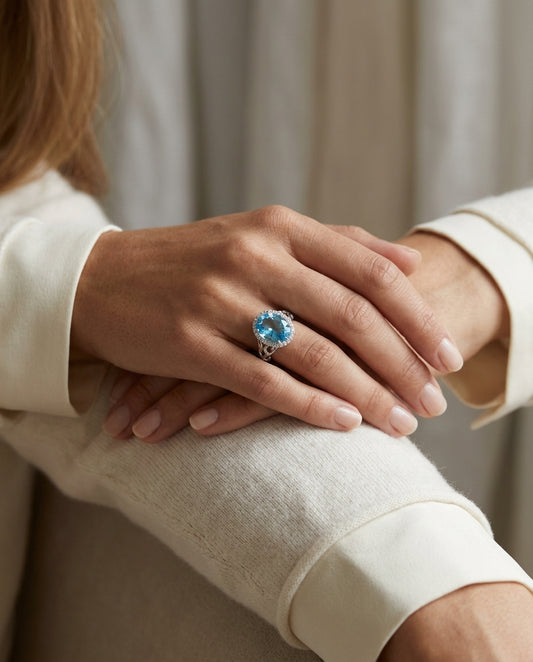 Swiss Blue Topaz Oval And Diamond Ring In 14k White Gold — editorial close-up