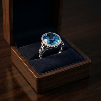 Swiss Blue Topaz Oval And Diamond Ring In 14k White Gold — gift presentation