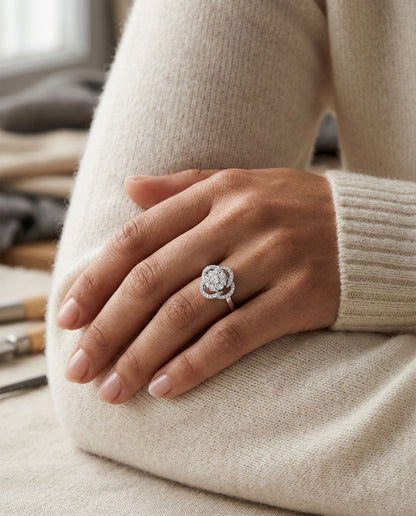 14k White Gold Crossed Knot Diamond Ring 0.50ctw — editorial close-up