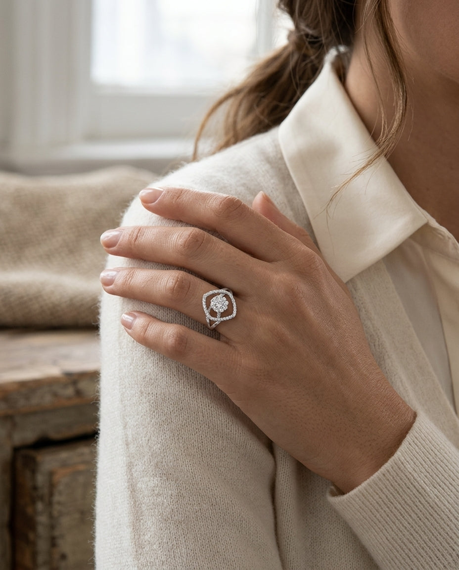 Diamond Geometric Ring In 14k White Gold — editorial close-up