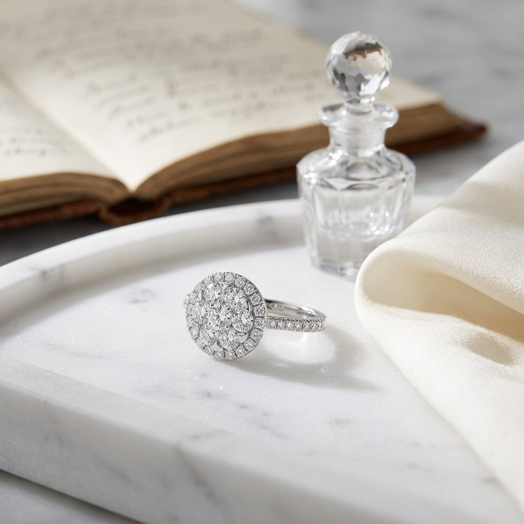 Diamond Halo Ring With Tapered Shank In 14k White Gold — atelier still life