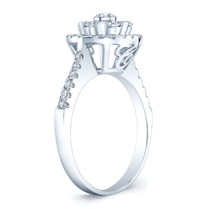 Diamond Halo Ring With Tapered Shank In 14k White Gold