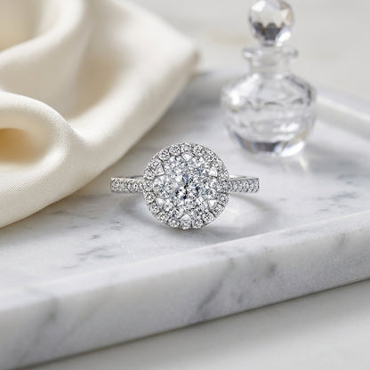 Diamond Halo Ring With Tapered Shank In 14k White Gold — atelier still life