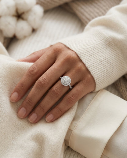 Diamond Halo Ring With Tapered Shank In 14k White Gold — editorial close-up