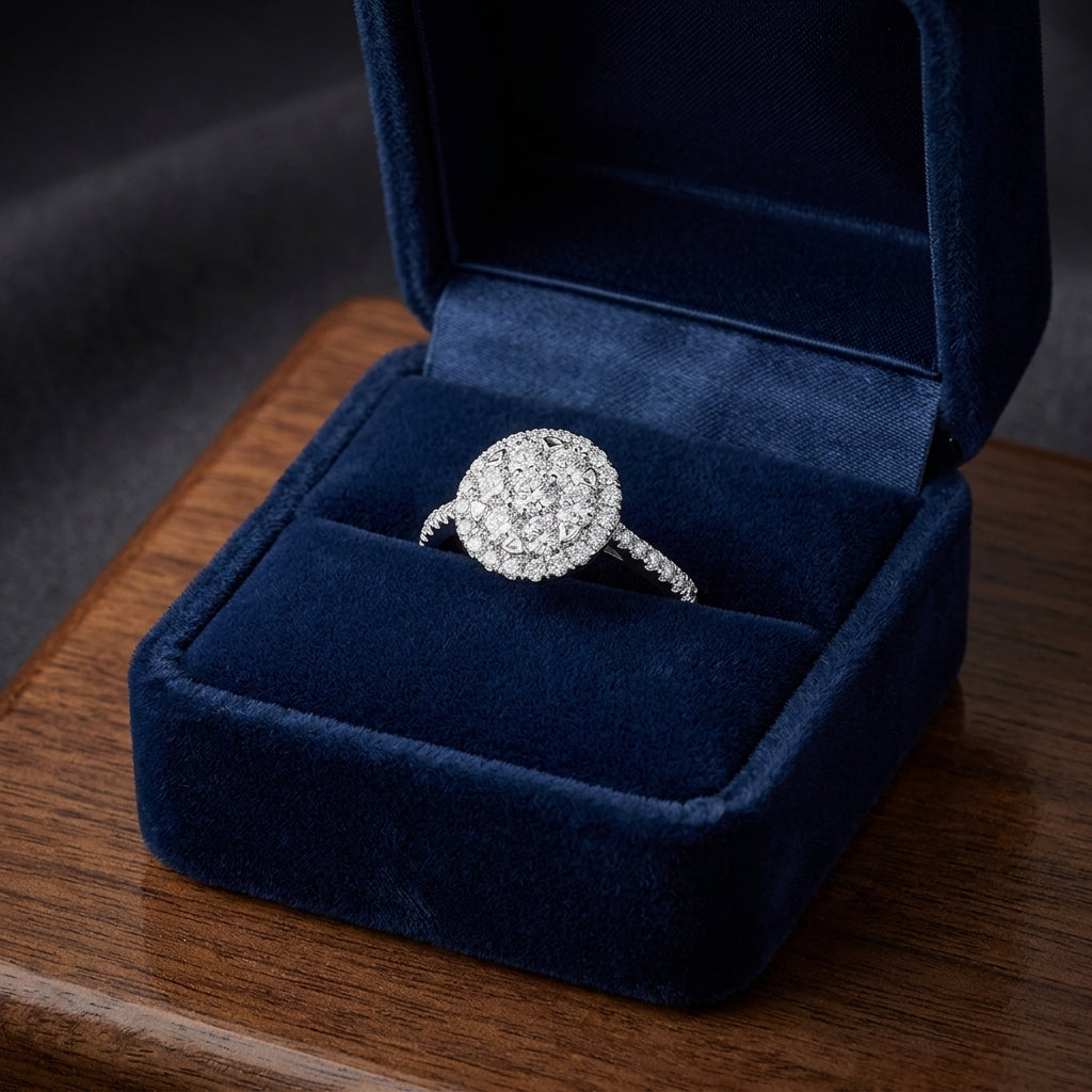 Diamond Halo Ring With Tapered Shank In 14k White Gold — gift presentation