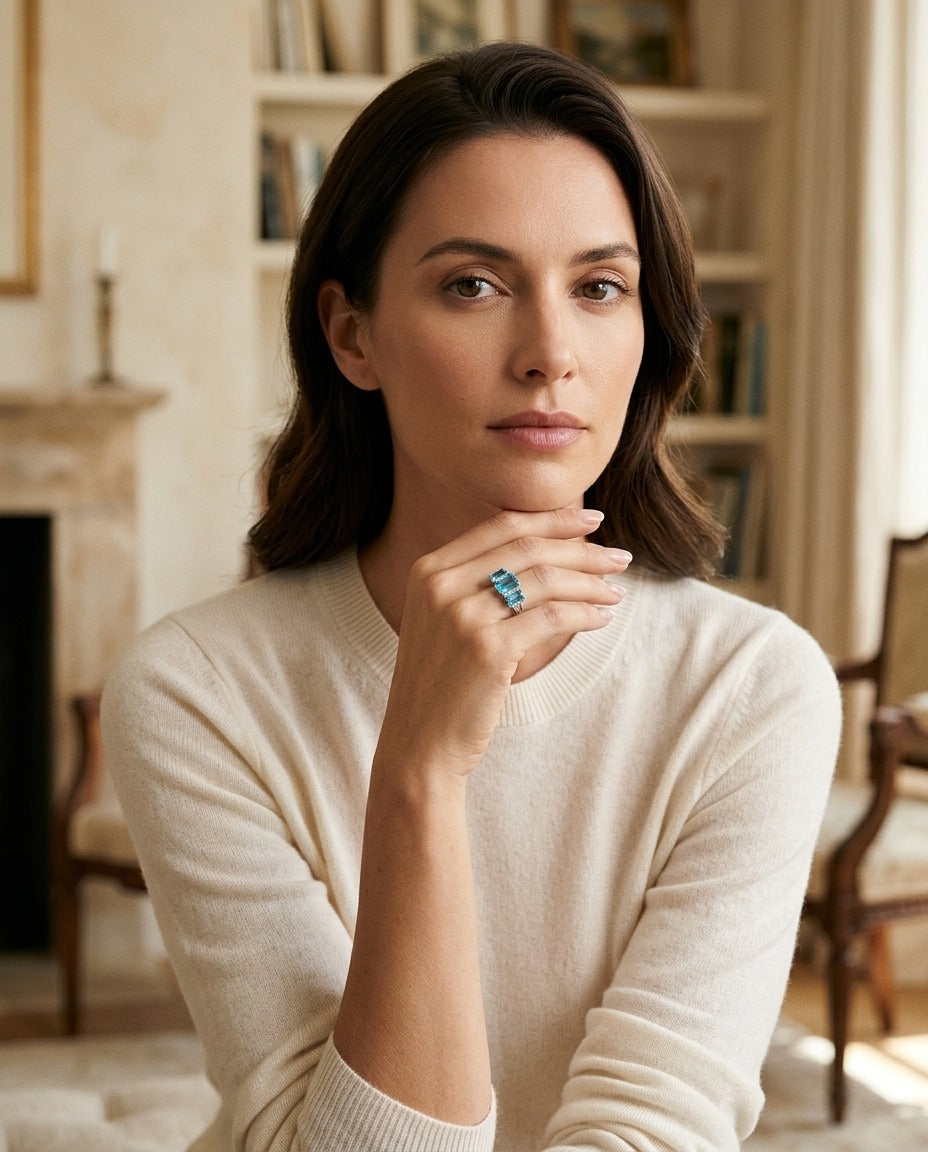 Blue Topaz and Diamond 3 Stone Emerald Cut Ring in 14k White Gold 0.12ctw Hi/Si — portrait full