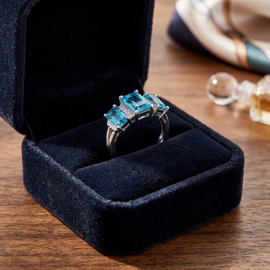 Blue Topaz and Diamond 3 Stone Emerald Cut Ring in 14k White Gold 0.12ctw Hi/Si — velvet box