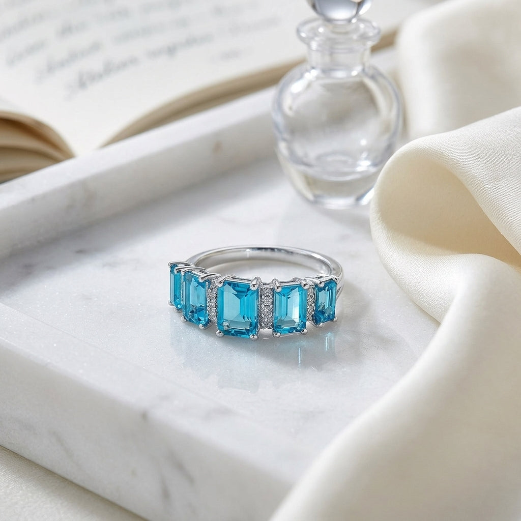 Swiss Blue Topaz 5 Stone & Diamond Emerald Cut Ring In 14k White Gold — atelier still life