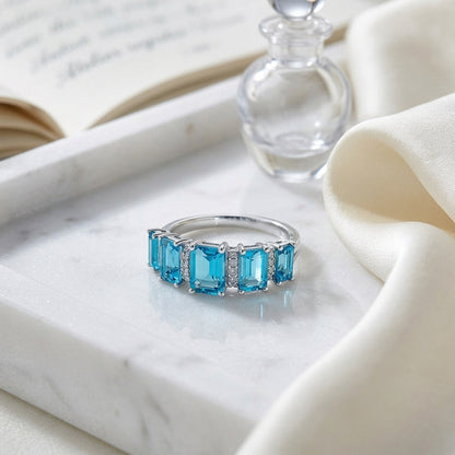 Swiss Blue Topaz 5 Stone & Diamond Emerald Cut Ring In 14k White Gold — atelier still life
