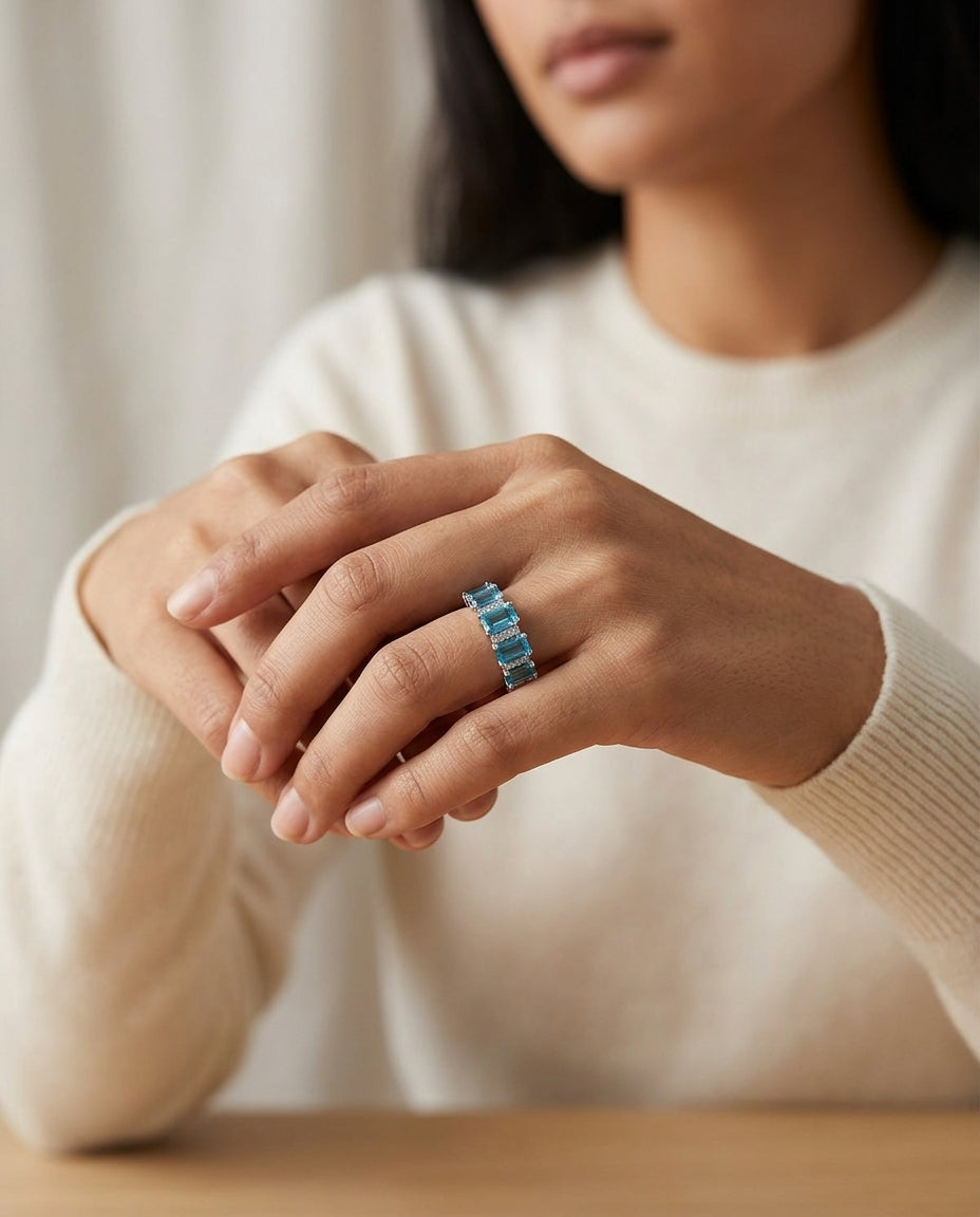 Swiss Blue Topaz 5 Stone & Diamond Emerald Cut Ring In 14k White Gold — editorial close-up