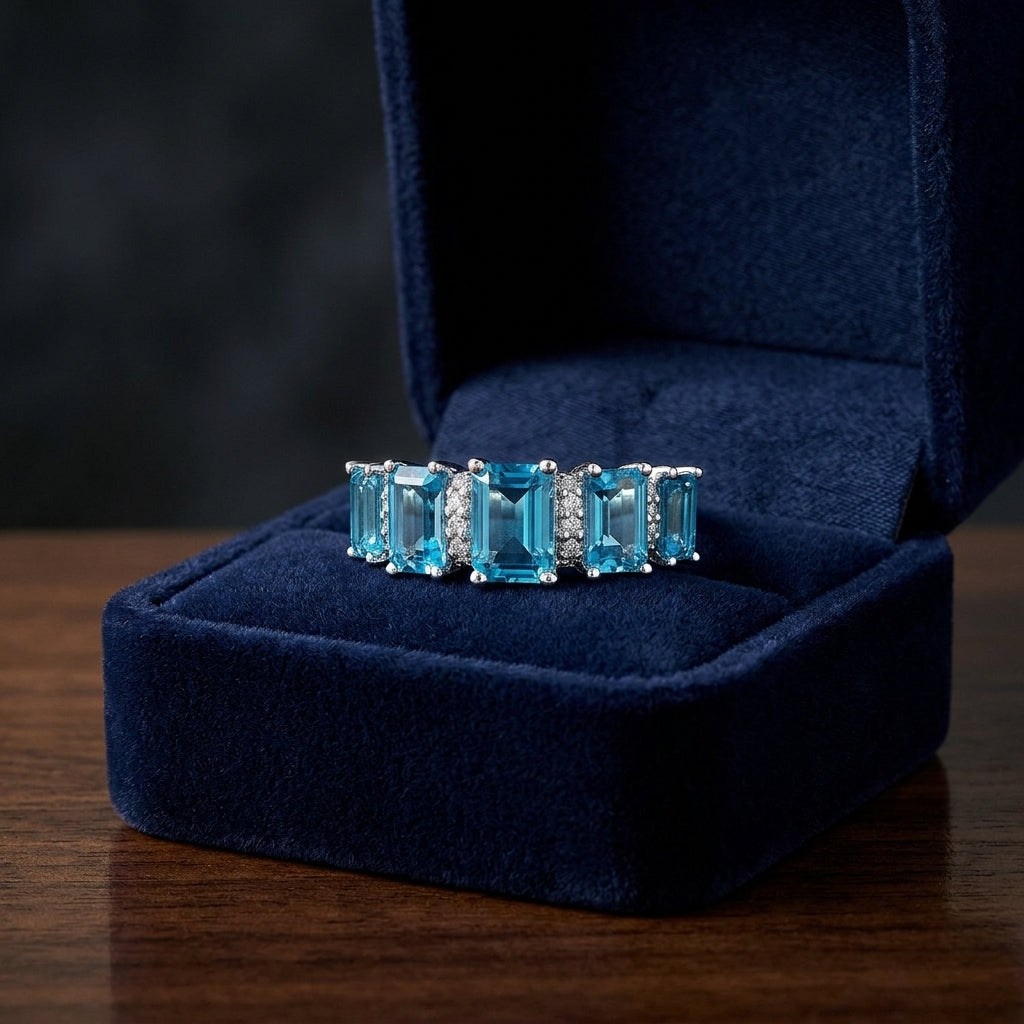 Swiss Blue Topaz 5 Stone & Diamond Emerald Cut Ring In 14k White Gold — gift presentation