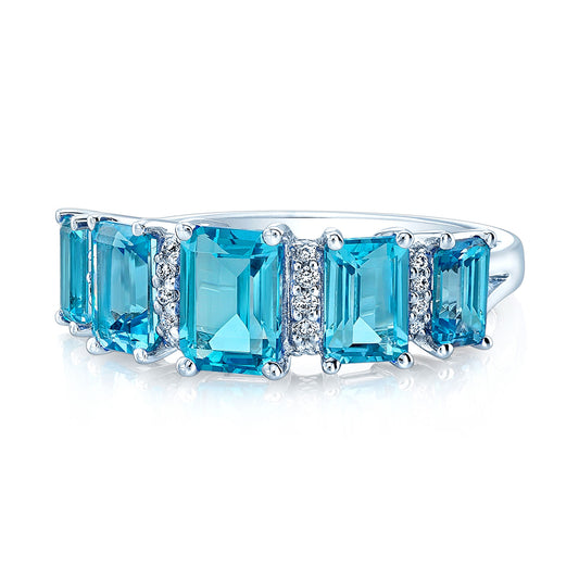 Swiss Blue Topaz 5 Stone & Diamond Emerald Cut Ring In 14k White Gold
