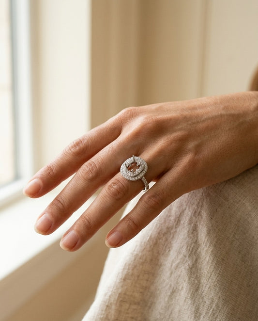 Peridot and Diamond Double Halo Ring in 14k White Gold — portrait close