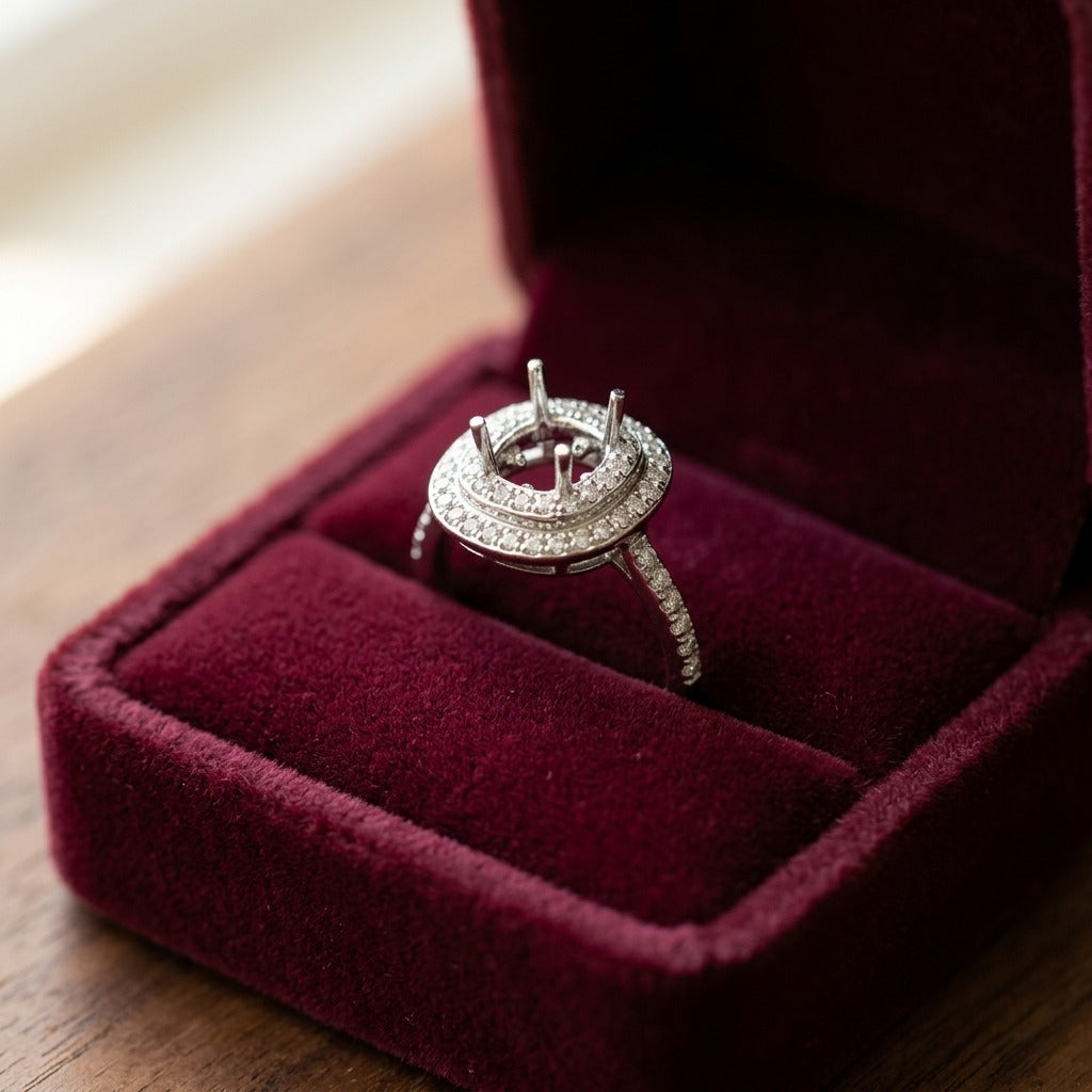 Peridot and Diamond Double Halo Ring in 14k White Gold — velvet box