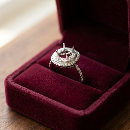 Peridot and Diamond Double Halo Ring in 14k White Gold — velvet box