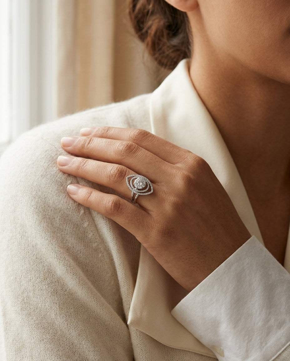 Diamond Marquise Swirl Ring In 14k White Gold — editorial close-up