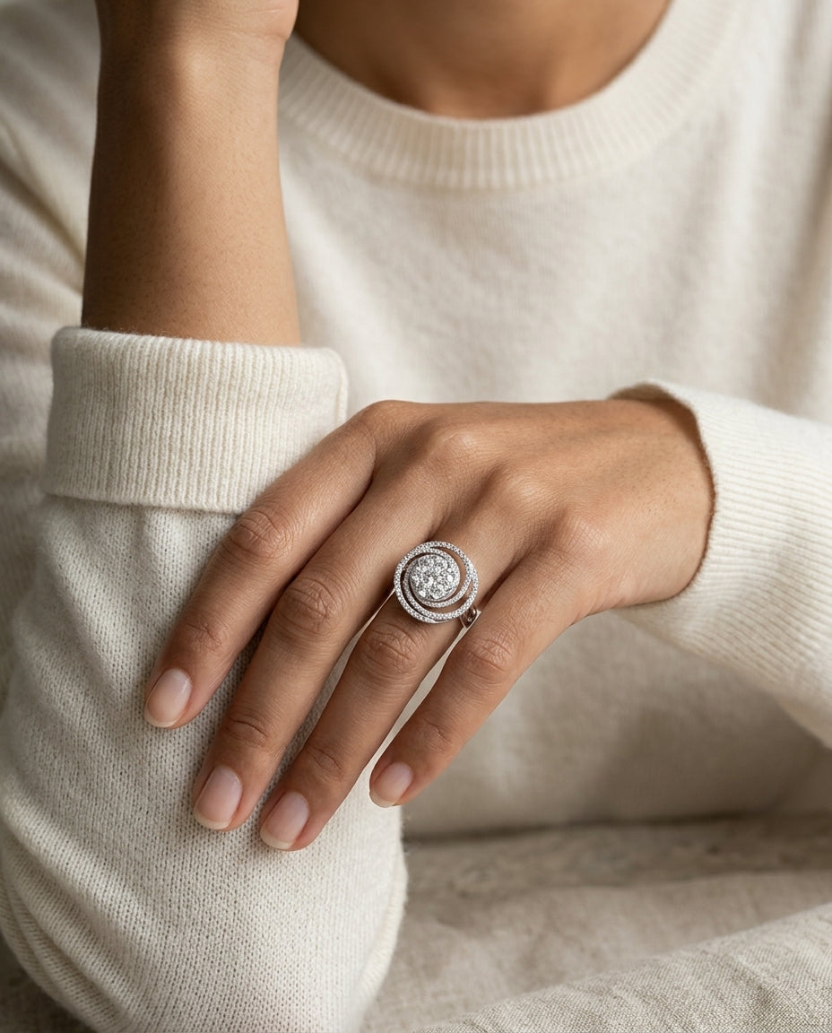 Diamond Circle Swirl Ring In 14k White Gold 1.15ctw — editorial close-up