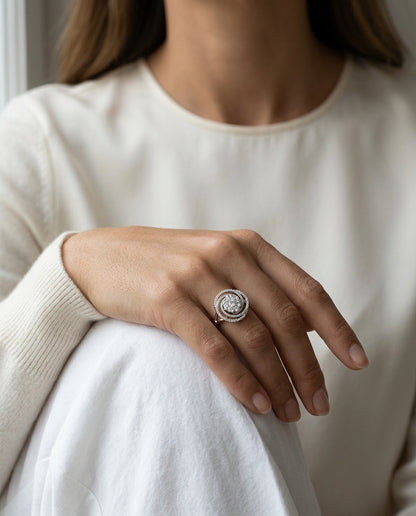 Diamond Circle Swirl Ring In 14k White Gold 2.15ctw — editorial close-up