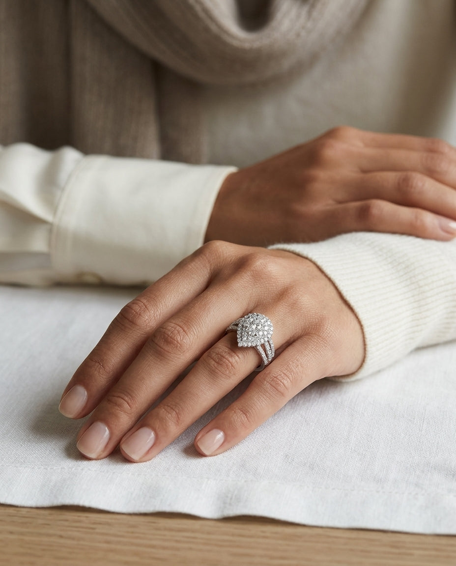 Diamond Tear Drop Triple Split Shank Ring In 14k White Gold — editorial close-up