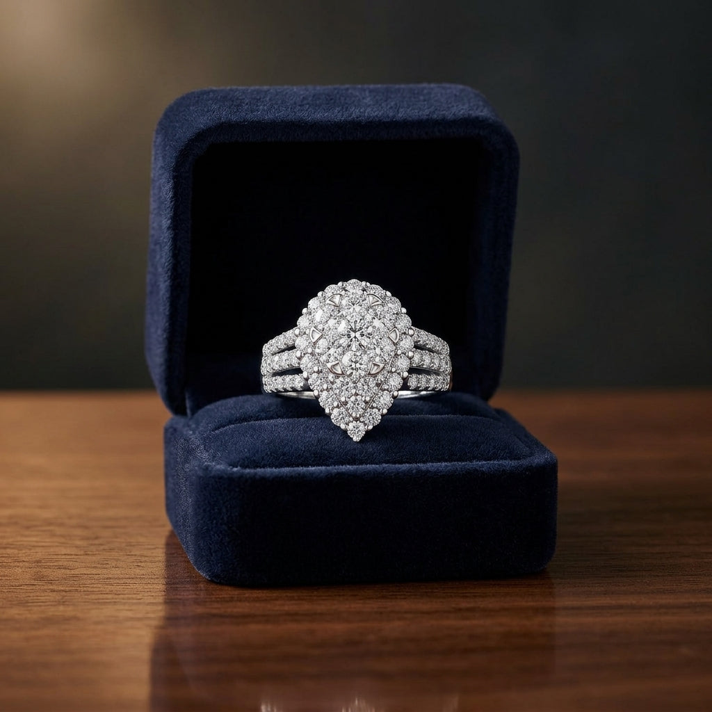Diamond Tear Drop Triple Split Shank Ring In 14k White Gold — gift presentation