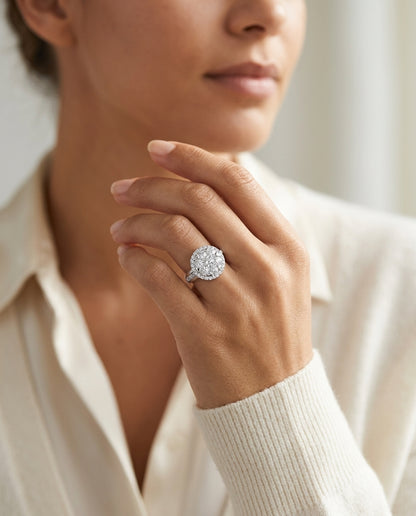 Diamond Halo Ring With Illusion Channel Shank In 14k White Gold 1.25ctw — editorial close-up