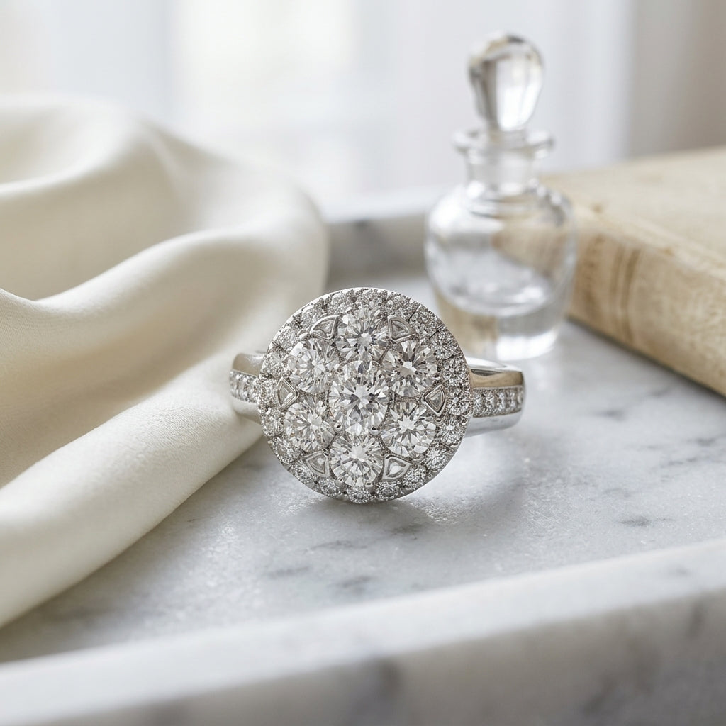 Diamond Halo Ring With Illusion Channel Shank In 14k White Gold 1.60ctw — atelier still life