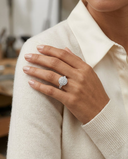 Diamond Halo Ring With Illusion Channel Shank In 14k White Gold 2.05ctw — editorial close-up