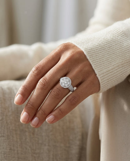Diamond Halo Ring With Tapered Multi-row Pave Shank In 14k White Gold 1.45ctw — editorial close-up