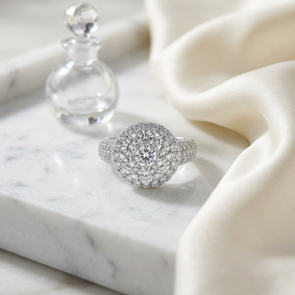 Diamond Halo Ring With Tapered Multi-row Pave Shank In 14k White Gold 2.35ctw — atelier still life
