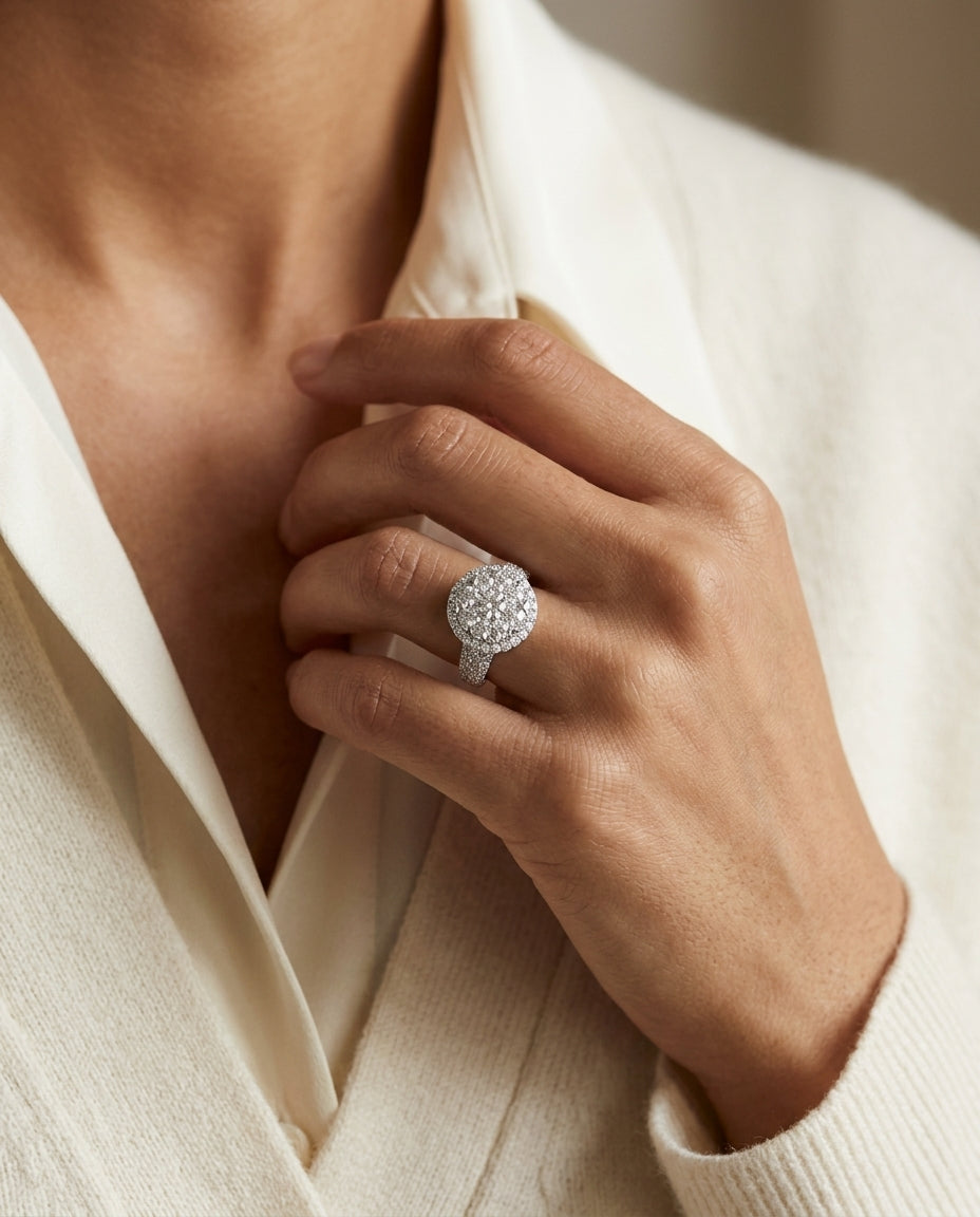 Diamond Halo Ring With Tapered Multi-row Pave Shank In 14k White Gold 2.35ctw — editorial close-up