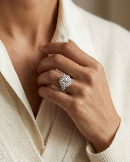 Diamond Halo Ring With Tapered Multi-row Pave Shank In 14k White Gold 2.35ctw — editorial close-up