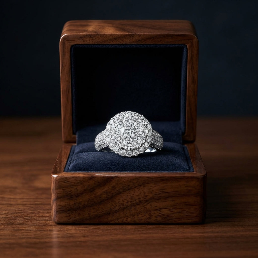Diamond Halo Ring With Tapered Multi-row Pave Shank In 14k White Gold 2.35ctw — gift presentation