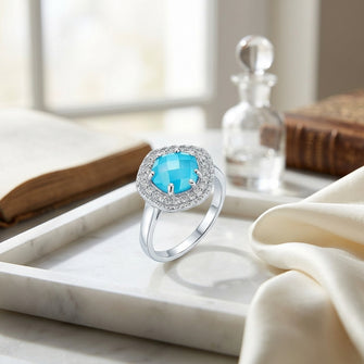 Swiss Blue Topaz And Diamond Fancy Cut Checkerboard Ring In 14k White Gold (si) — atelier still life