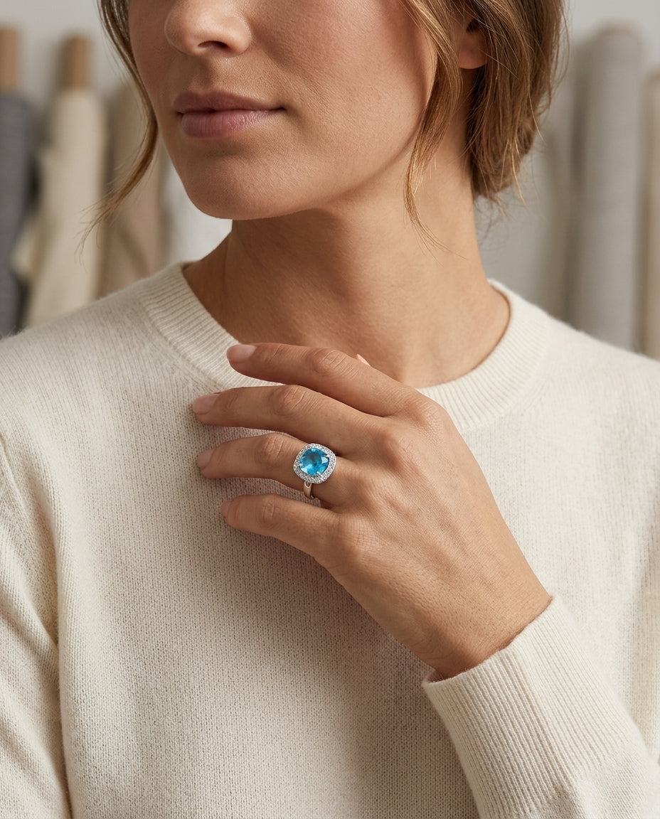 Swiss Blue Topaz And Diamond Fancy Cut Checkerboard Ring In 14k White Gold (si) — editorial close-up