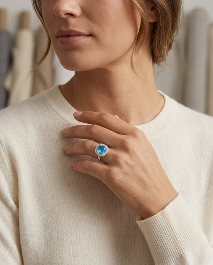 Swiss Blue Topaz And Diamond Fancy Cut Checkerboard Ring In 14k White Gold (si) — editorial close-up