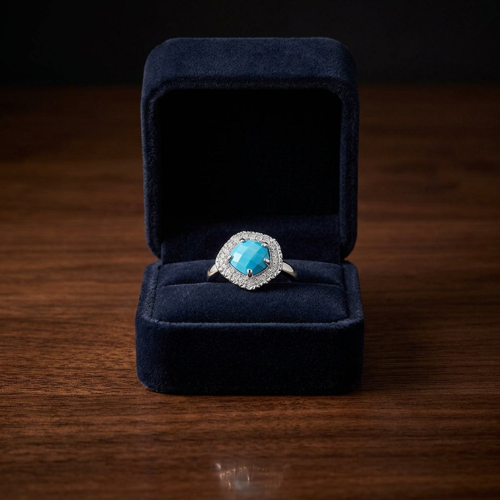 Swiss Blue Topaz And Diamond Fancy Cut Checkerboard Ring In 14k White Gold (si) — gift presentation