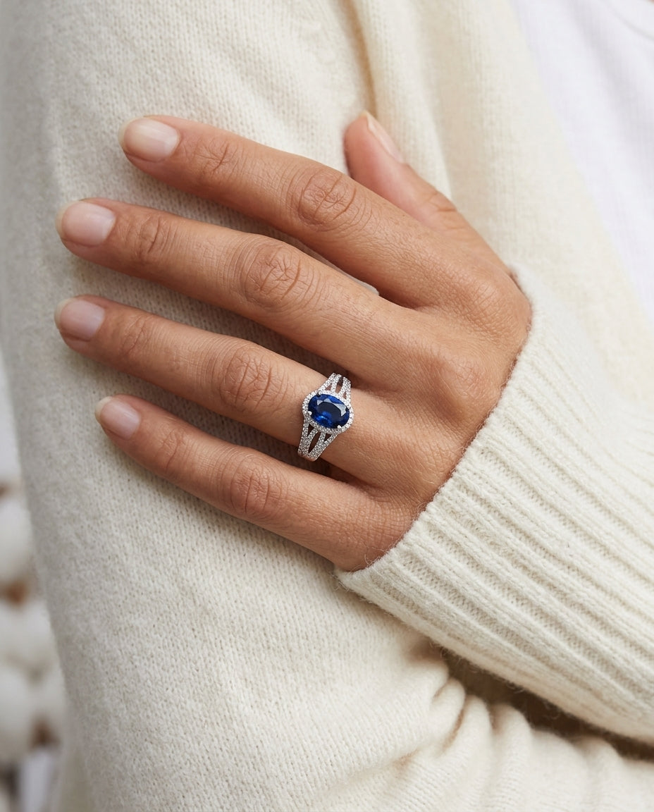 Sapphire And Diamond Ring 14k White Gold — editorial close-up