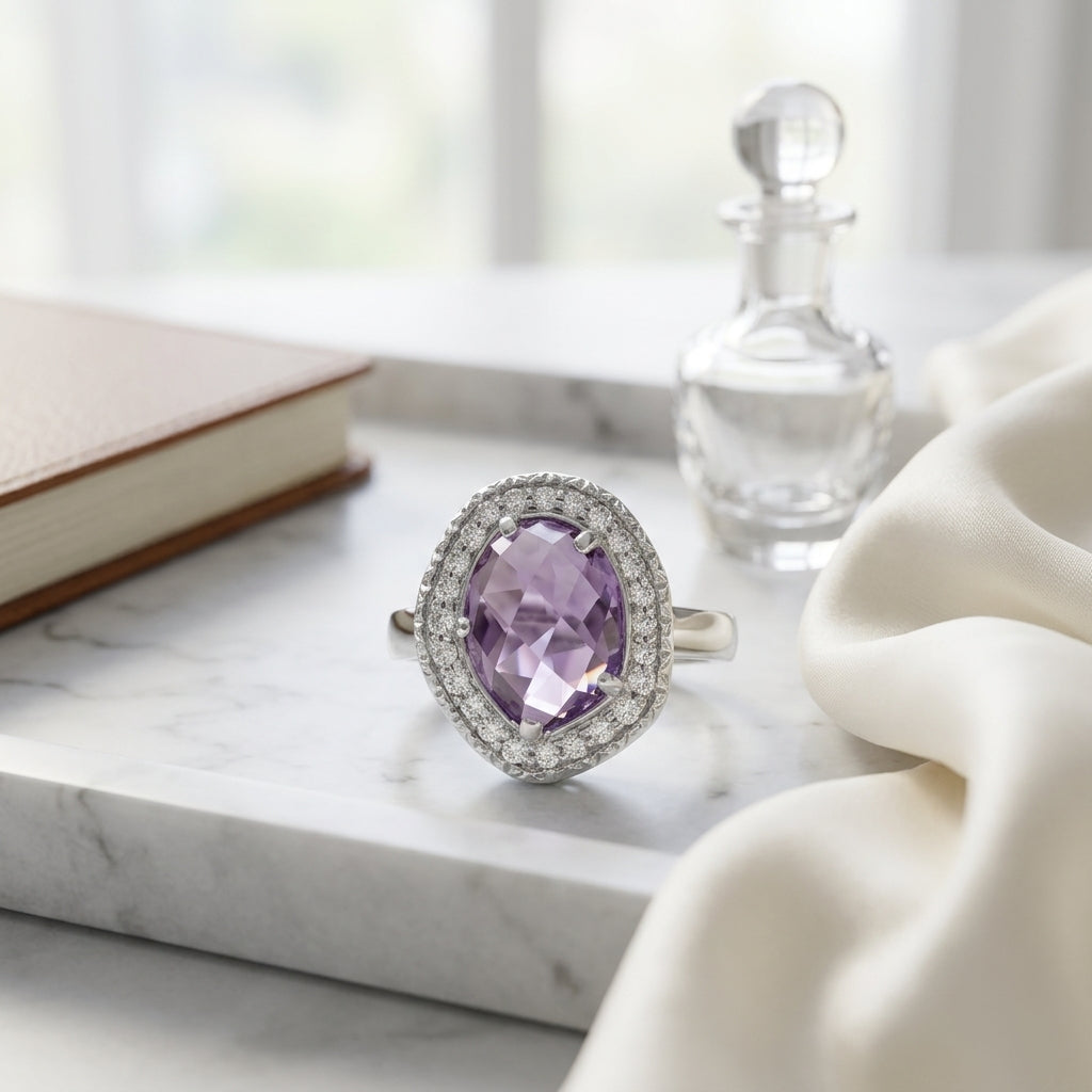 Amethyst And Diamond Ring In 14k White Gold — atelier still life