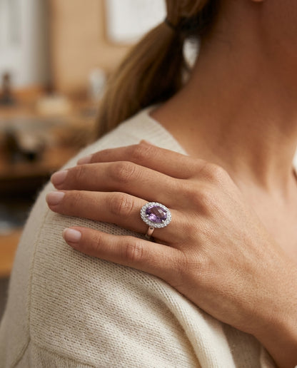 Amethyst And Diamond Ring In 14k White Gold — editorial close-up